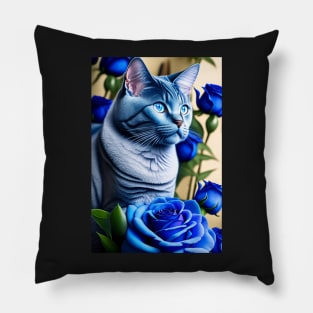 Fine Art Print Featuring a Beautiful British Shorthair and Blue Rose Pillow