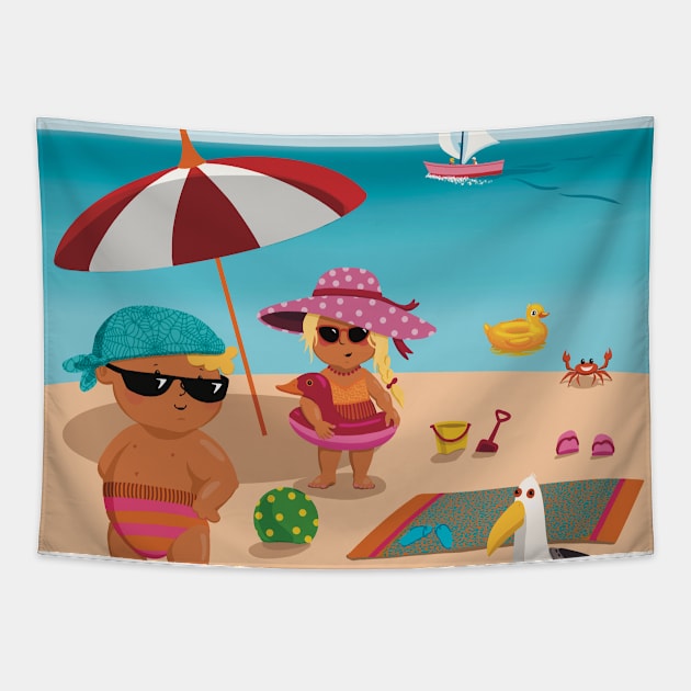 Vacation mood on - two cute kids having a sunny happy day on the beach, saturated ,no text Tapestry by marina63