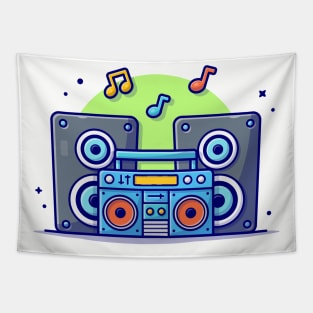 Retro Portable Radio Cassete Recorder with Sound Speaker and Notes of Music Cartoon Vector Icon Illustration Tapestry