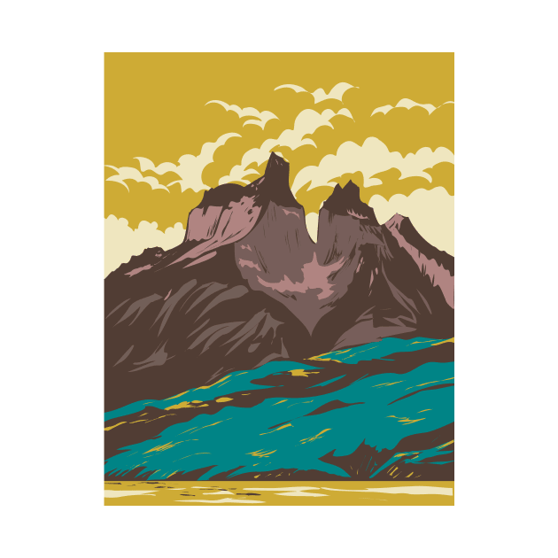 Torres Del Paine National Park from Lake Pehoe in Chile WPA Art Deco Poster by retrovectors