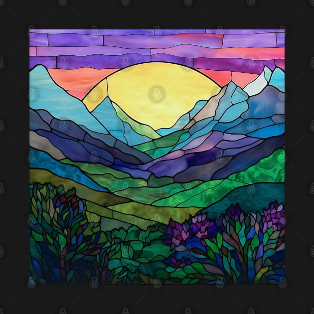 Colorful Stained Glass Mountains With Vibrant Sunset by The Art Mage