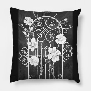 Clematis Flower and Vine on Wrought Iron Trellis, Black and White Pillow