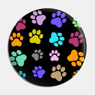 Colorful Pet Paw Pattern on Black Background Pin