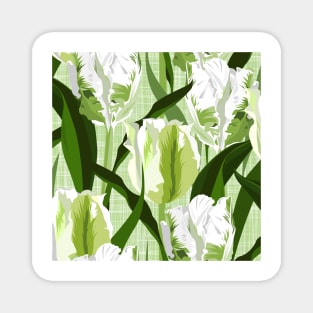 Large white / green parrot tulips on linen texture Magnet