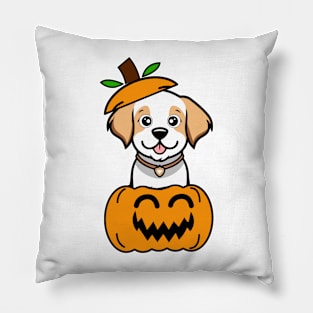 Funny Happy Dog is in a pumpkin Pillow