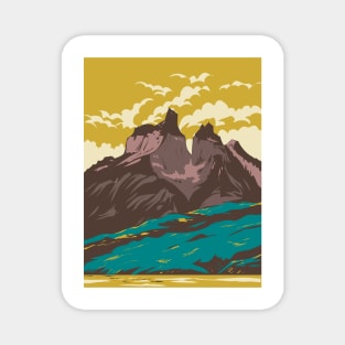 Torres Del Paine National Park from Lake Pehoe in Chile WPA Art Deco Poster Magnet