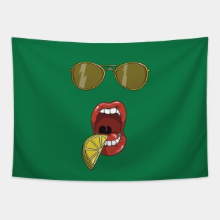 Mouth about to eat a slice of a yellow lemon and matching yellow sun glasses Tapestry