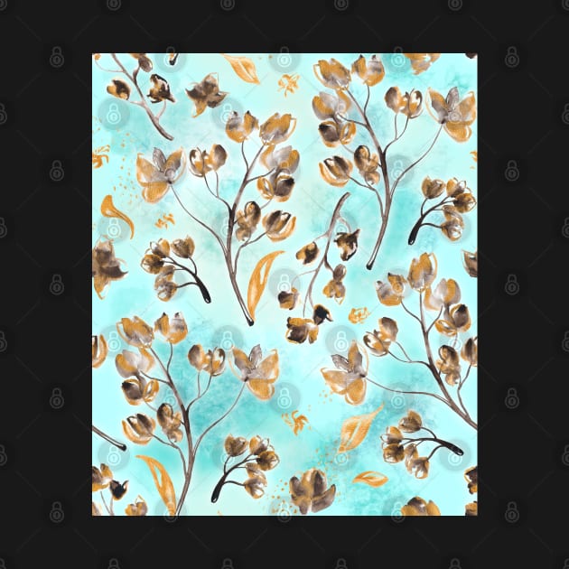 Hand-painted watercolor loose floral chintz in gold, blue, brown and turquoise as a seamless surface pattern design by nobelbunt