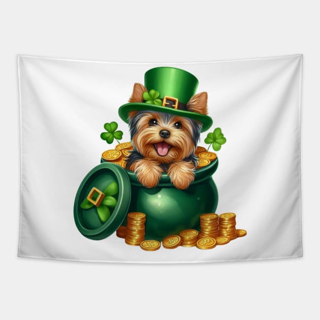 St Patricks Day Yorkshire Terrier Dog Tapestry by Chromatic Fusion Studio