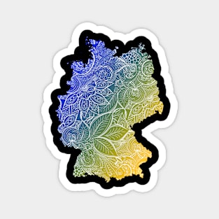 Colorful mandala art map of Germany with text in blue and yellow Magnet