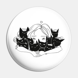 Anime Girl Hugging Many Black Cats Pin