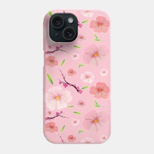 Pink Hibiscus and Sakura Red Background Phone Case