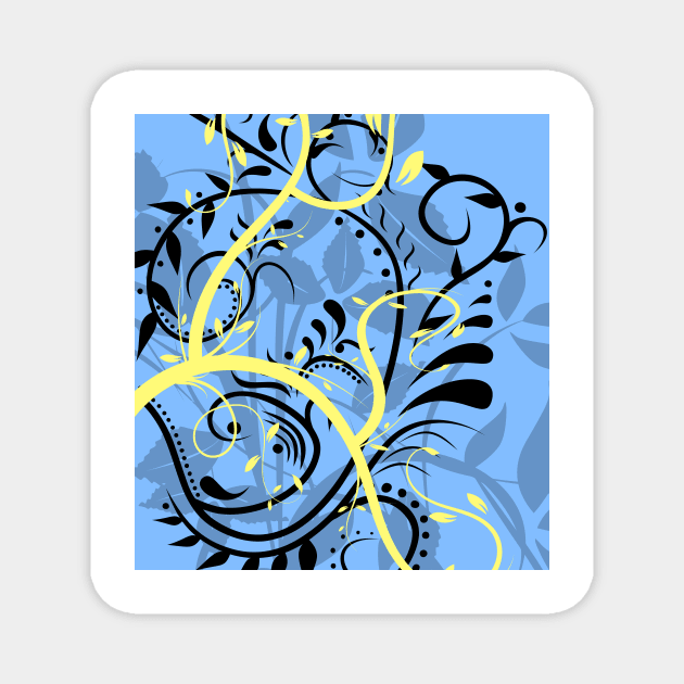Tribal Pattern with Floral Shadow Leaves and Yellow Swirl Magnet by Benny Merch Pearl