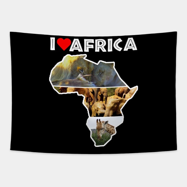 I Love Africa Wildlife Collage Map Tapestry by PathblazerStudios