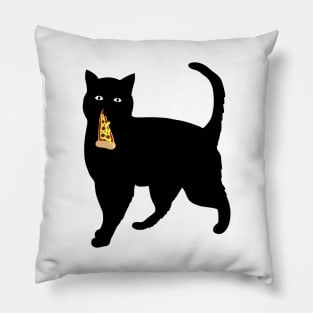Black Cat Stealing and Eating Pizza Funny Pillow