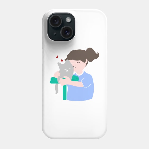 Girl hugs and kisses a cat Phone Case by CindyS