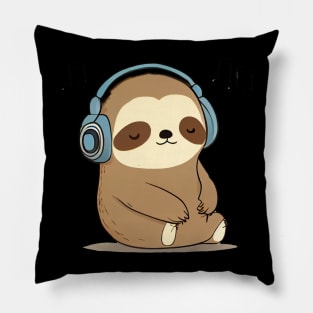 Kawaii Cute Sloth Listening To Music Pillow