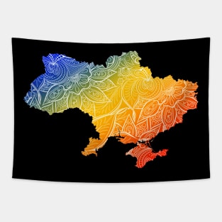 Colorful mandala art map of Ukraine with text in blue, yellow, and red Tapestry