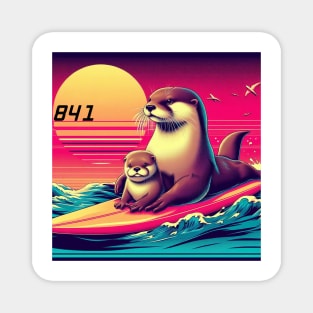 841 surfing otter with baby Magnet