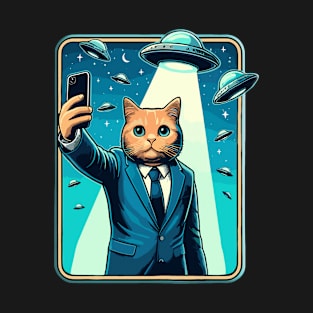 Funny Cat Selfie With UFOs Behind T-Shirt