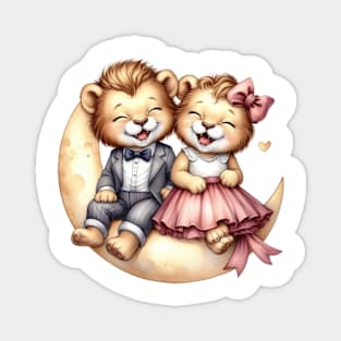 Valentine Happy Lion Couple On Moon Magnet