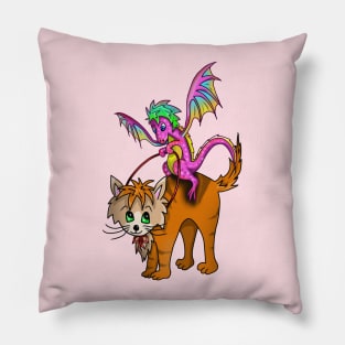 Cute tiny pink dragon riding a ginger cat Pillow