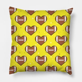 American Football Ball Texture In Heart Shape - Seamless Pattern on Yellow Background Pillow