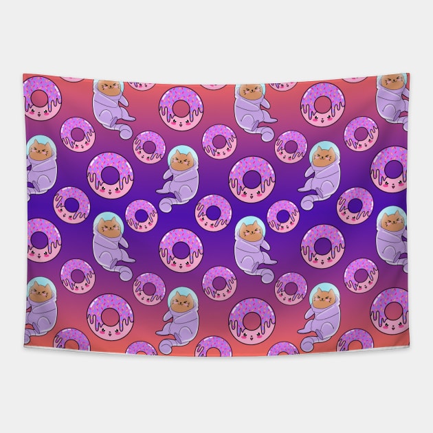 Cute sweet adorable Kawaii cats, funny pink yummy donuts with sprinkles colorful purple orange pattern design. Space suits and astronauts. Sweet galaxy. Tapestry by IvyArtistic