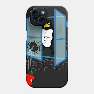 Brawny Linux Penguin Throws an Apple Thru the Window Phone Case