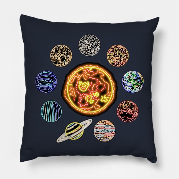 Electric Solar System Neon Sun and Planets Top Left Pillow by gkillerb