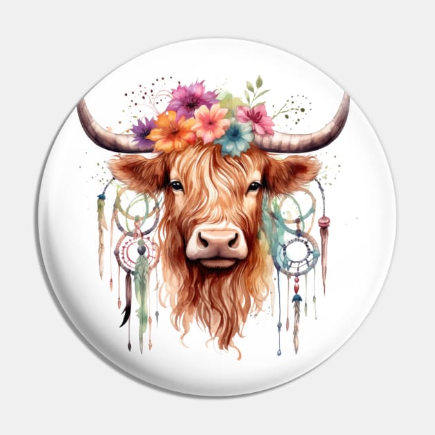 Native American Highland Cow Pin by Chromatic Fusion Studio