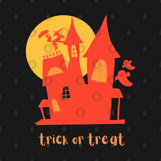 trick or treat Spooky Castle Halloween Season orange for Black Background t-shirt by PongPete