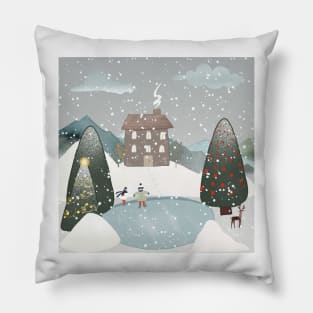 snowy winter ice skating scene Pillow