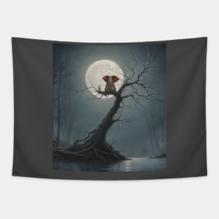 elephant and dog sitting on a tree and looking at the moon Tapestry