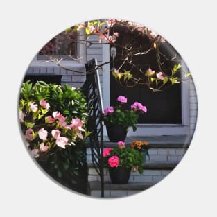 Pink Dogwood and Pots of Geraniums Pin