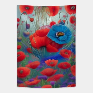 Pretty field of poppies colorful red and blue poppy flowers Tapestry