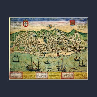 Antique Map of Lisbon, Portugal by Georg Braun and Franz Hogenberg T-Shirt