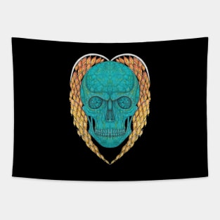 Skull head design turquoise and sapphire wing heart. Tapestry
