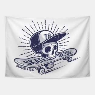 Skull in baseball cap keeps skateboard in his mouth Tapestry