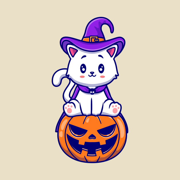 Cute Cat Witch Sitting On Pumpkin Cartoon by Catalyst Labs