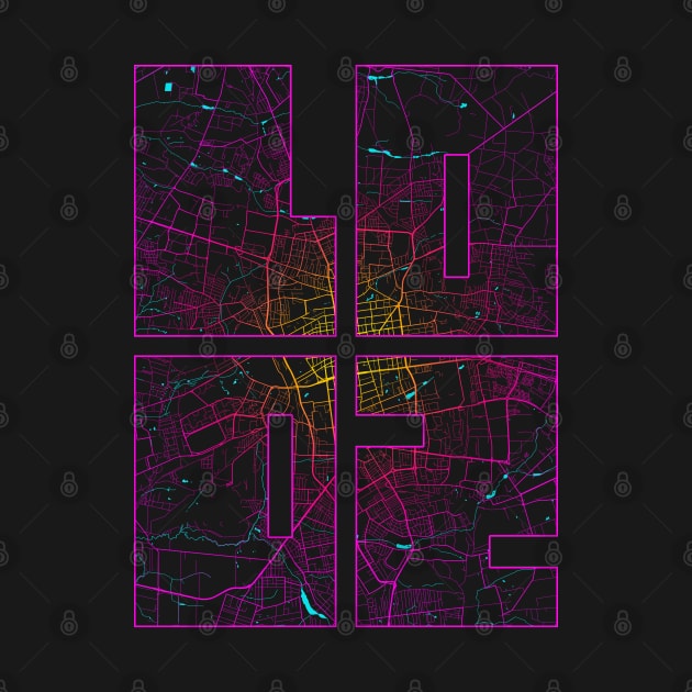 Lodz, Poland City Map Typography - Neon by deMAP Studio