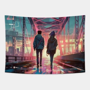 lost couple in a cyber neon cityscape Tapestry