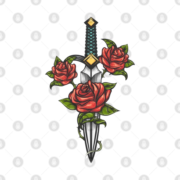 Dagger Knife and Rose Flowers Drawn in Tattoo Style by devaleta