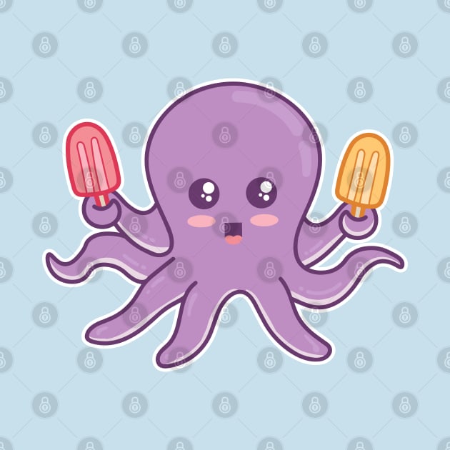 Kawaii Baby Octopus Holding Two Ice Pops by Cuteness Klub