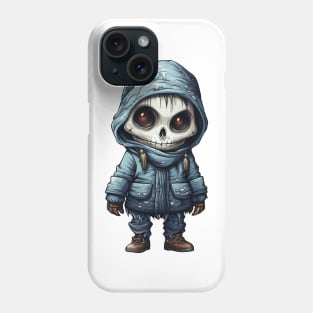 The figure of a ghoulish skull girl in a mask, wearing a cloak, perfect for Halloween, covered with snow ! Phone Case