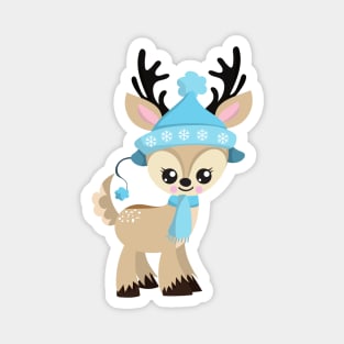 Christmas Reindeer, Cute Reindeer, Blue Hat, Xmas Magnet