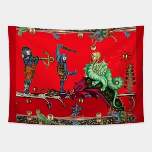 WEIRD MEDIEVAL BESTIARY  WAR, KNIGHTS COMBATTING AGAINST HYBRID DRAGON IN RED Tapestry