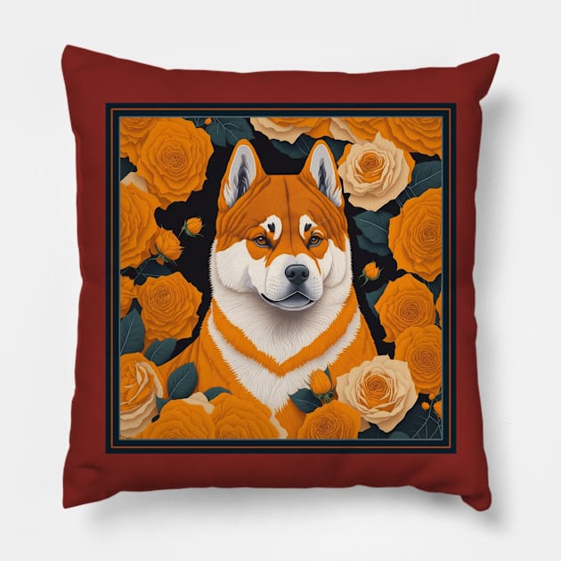 Dogs, akita inu and flowers, dog, seamless print, style vector (yelloow version 2 akita-inu, hachi) Pillow by xlhombat