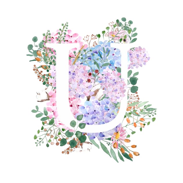 botanical monogram alphabet U hydrangea flowers by colorandcolor