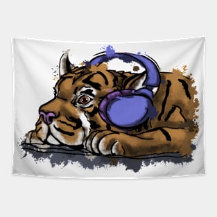 Cute tiger cub with headphones Tapestry